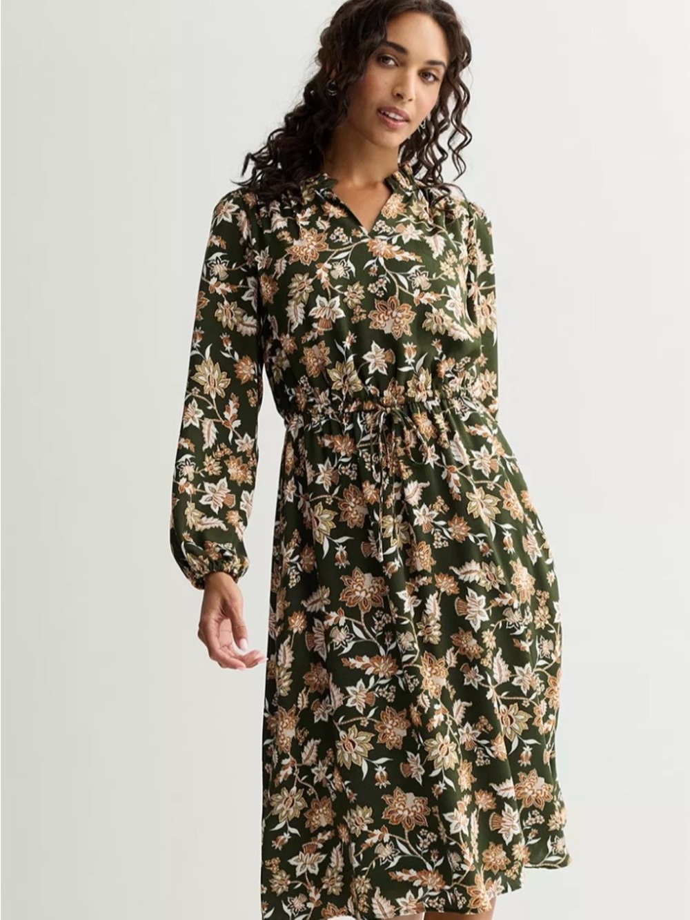 Draper James Olive Green Floral Ruffle-Neck Long Dress